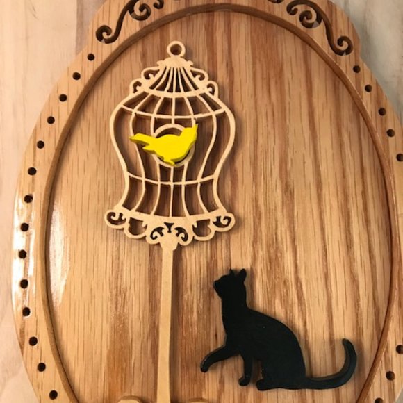 Unique Cat & Bird in Cage 3D Wood Scroll Saw Cutout ~ Handmade - Picture 3 of 12